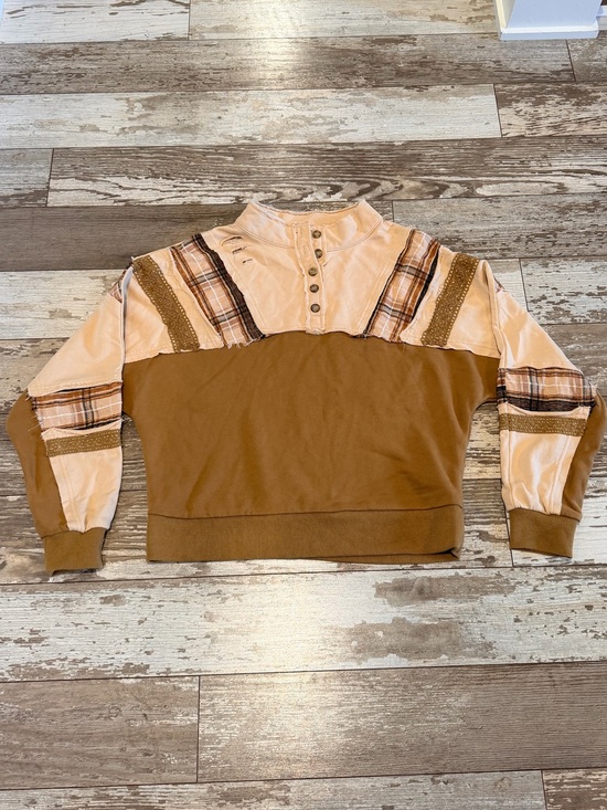 Miss Me Tops - Miss Me Cream And Brown Pieces Henley Pullover Top women’s XS